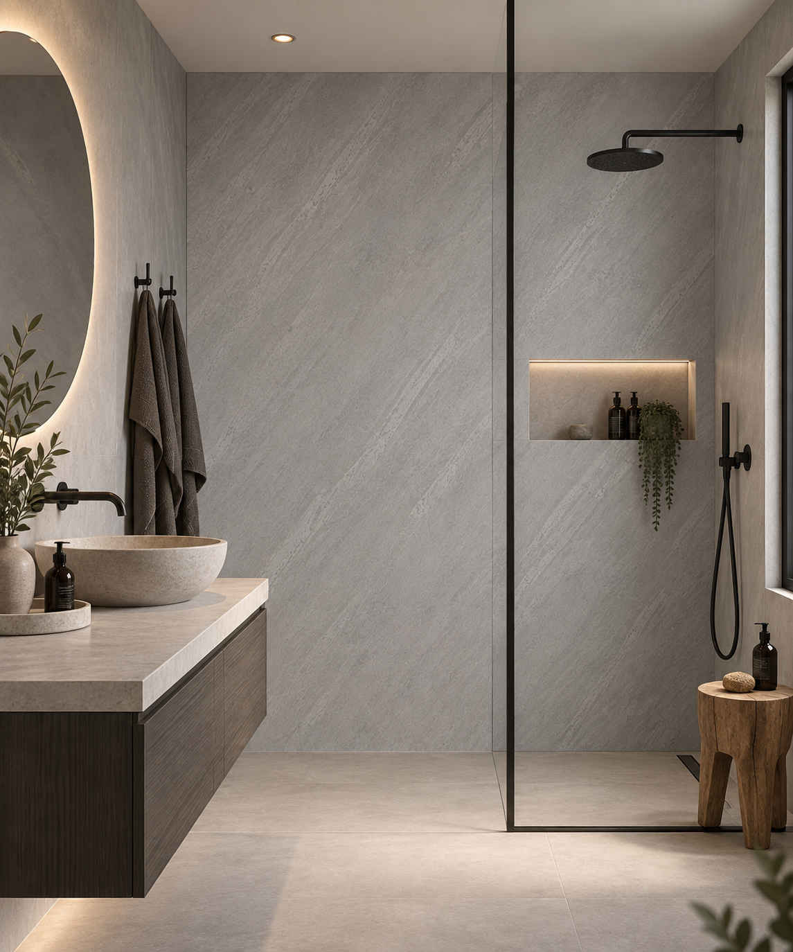 Puredeco Concrete Smoke 691 wandpanelen toegepast in een moderne badkamer