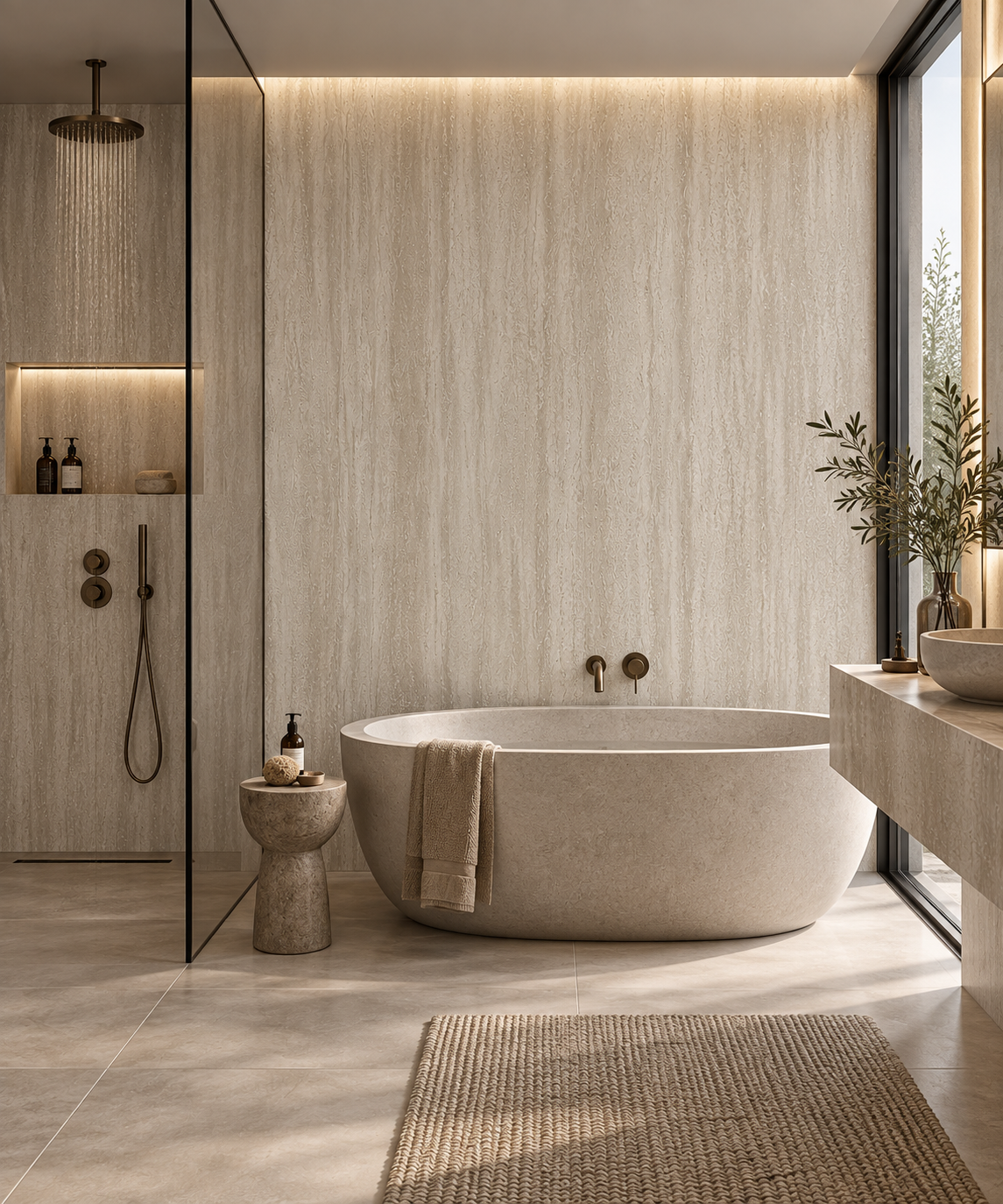 Wandpaneel Travertine Ivory 851 toegepast in een moderne badkamer