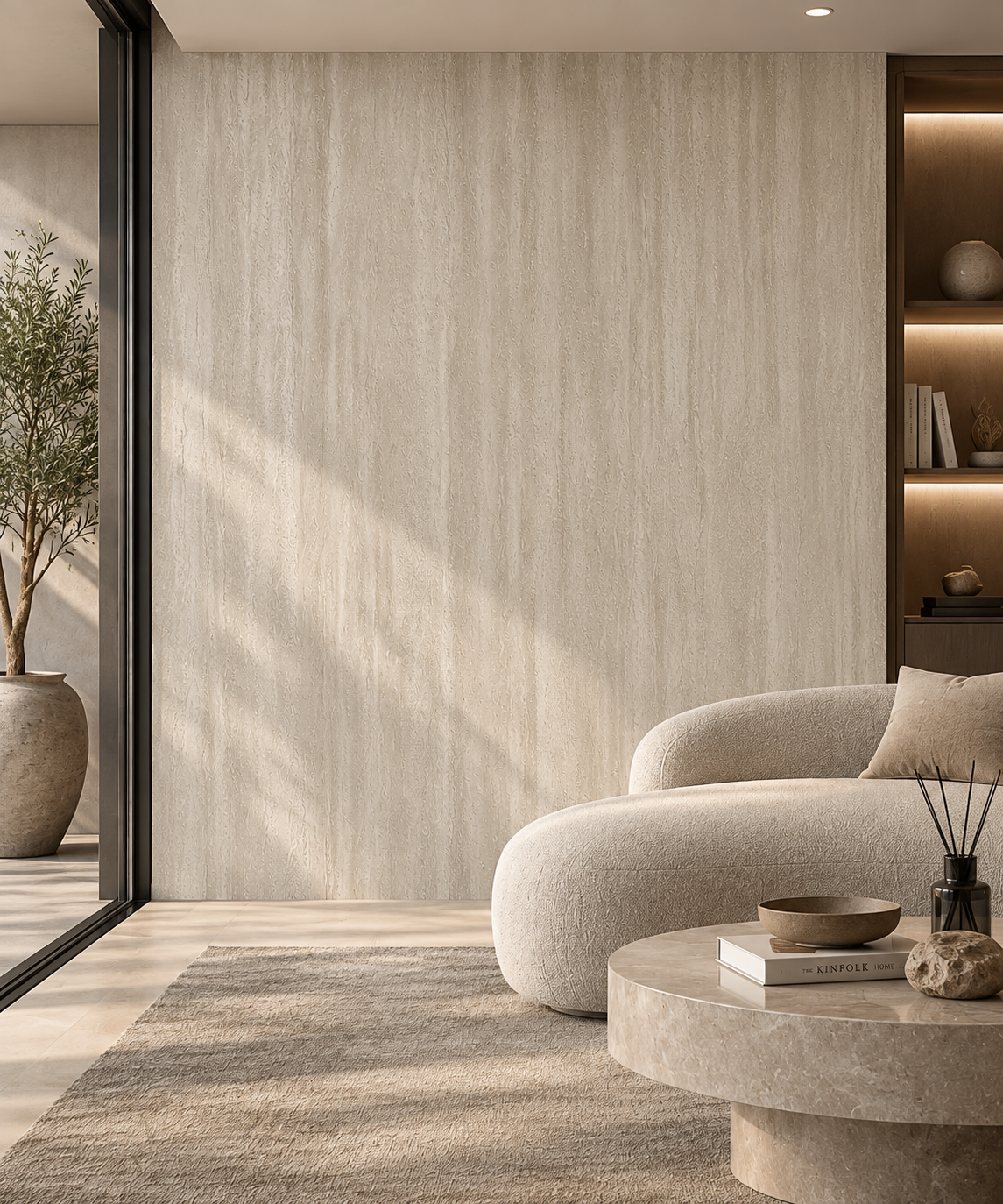 Wandpaneel Travertine Ivory 851 toegepast in een lichte woonkamer